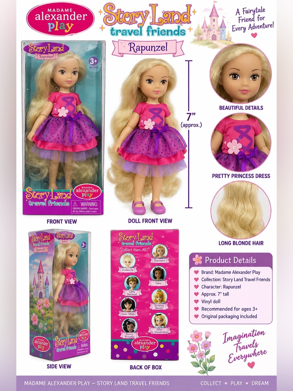 Madame Alexander Play Story Land Rapunzel 7” Doll Travel Friends